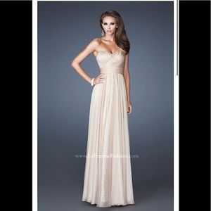 La femme prom gown in gorgeous shimmery nude with golden accents